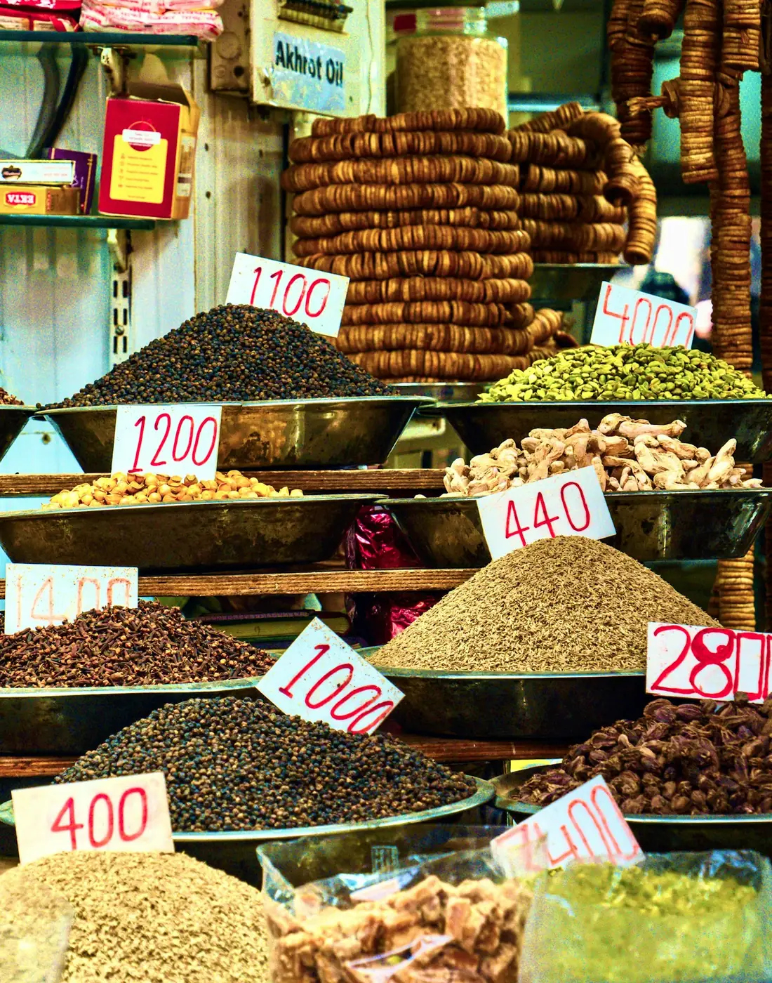 Heaps of whole spices on sale at an Indian market