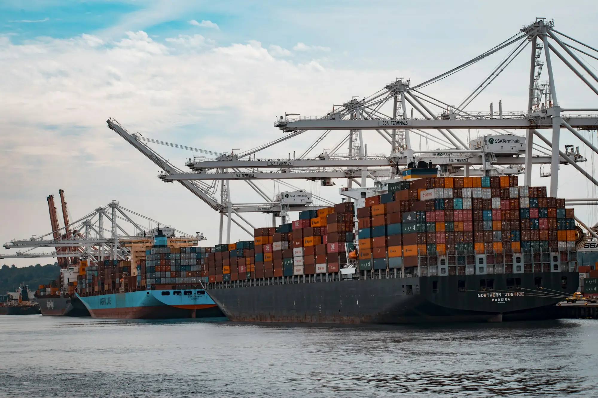Container ships at a port with cranes